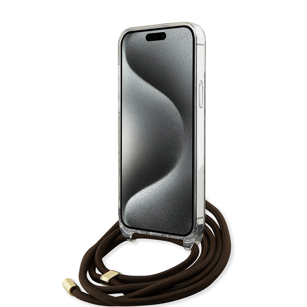 Étui pour Apple iPhone 15 Pro, Guess, Crossbody Cord 4G Print, Marron