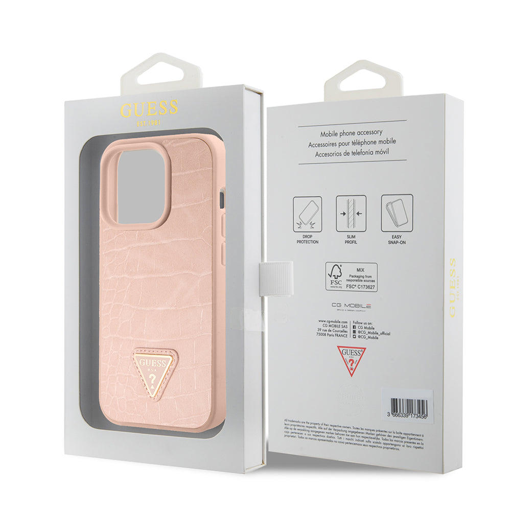 Étui pour Apple iPhone 15 Pro, Guess, Croco Triangle Metal Logo, Rose