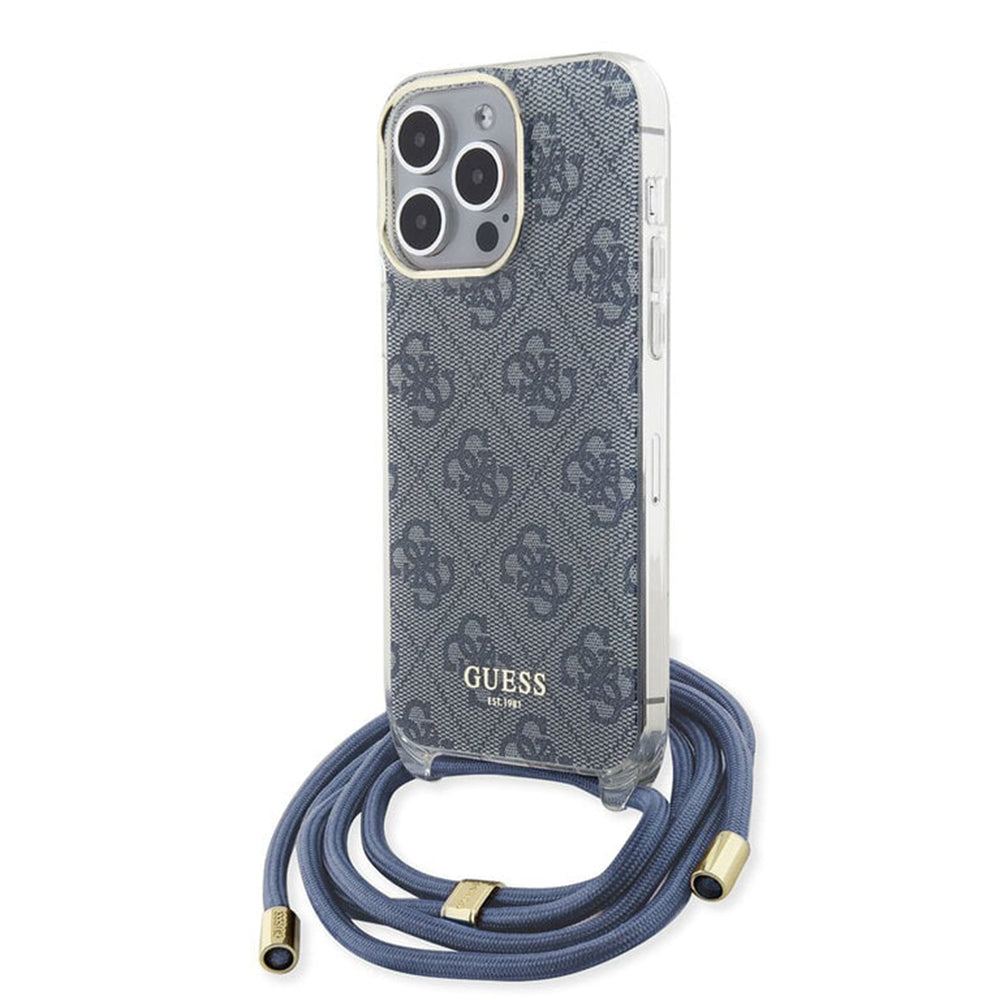 Custodia per Apple iPhone 15 Pro, Guess, Crossbody Cord 4G Print, Blu