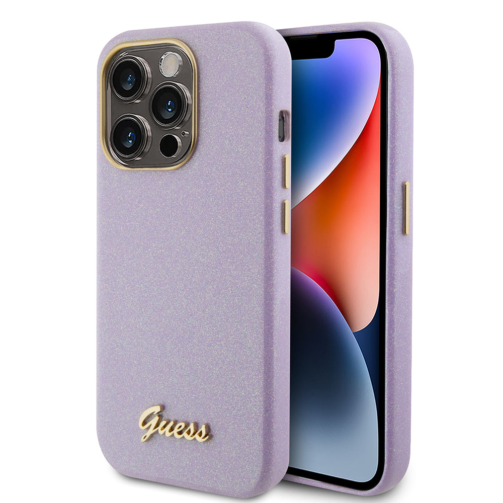 Étui pour Apple iPhone 15 Pro, Guess, Glitter Glossy Script, Violet Clair