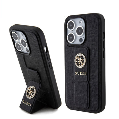 Étui pour Apple iPhone 15 Pro, Guess, Grip Stand 4G Saffiano Strass, Noir