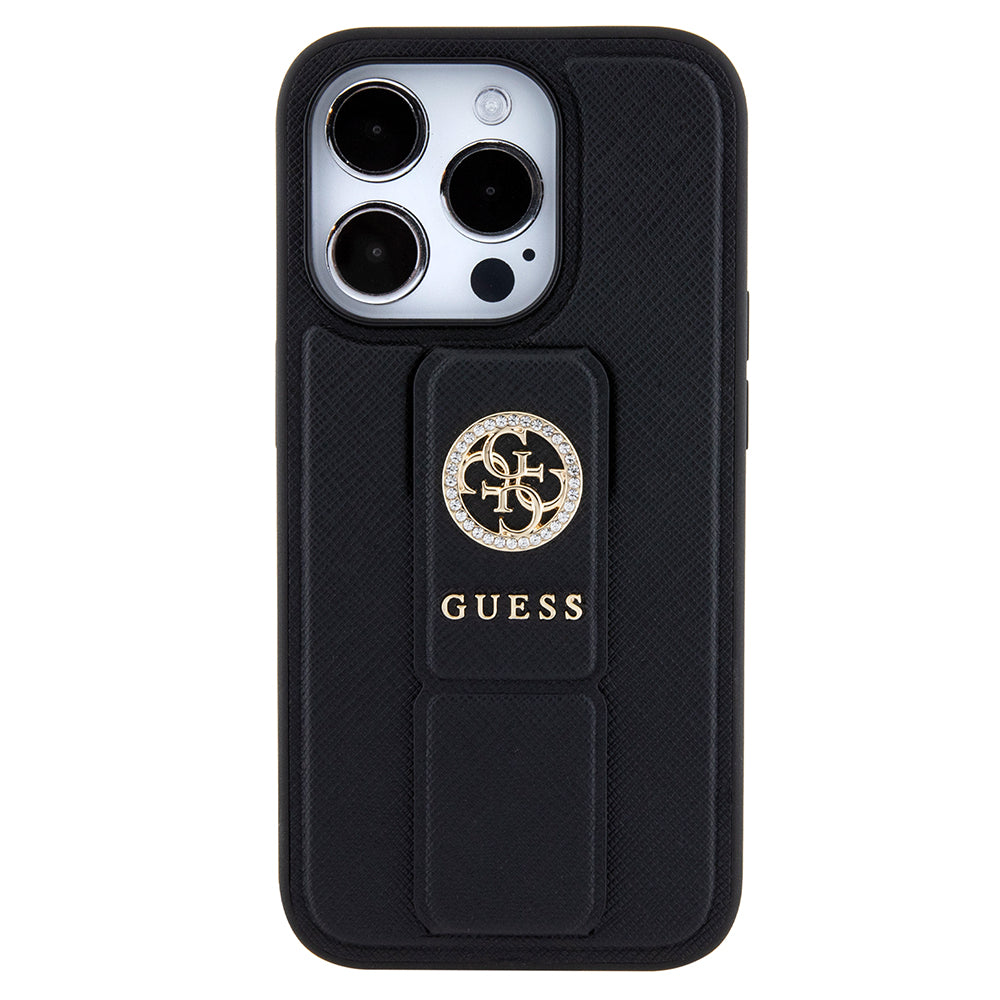 Étui pour Apple iPhone 15 Pro, Guess, Grip Stand 4G Saffiano Strass, Noir