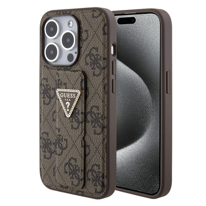 Custodia per Apple iPhone 15 Pro, Guess, Grip Stand 4G Triangle Strass, Marrone