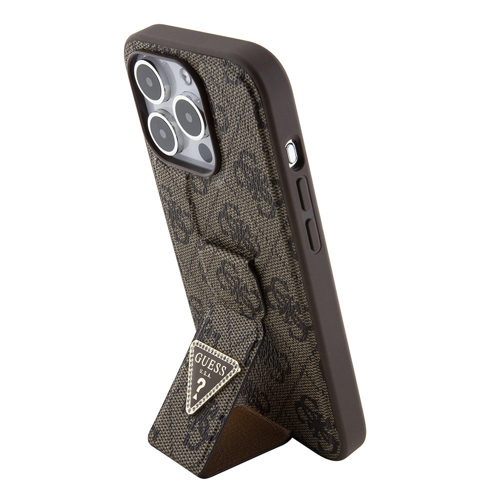 Custodia per Apple iPhone 15 Pro, Guess, Grip Stand 4G Triangle Strass, Marrone