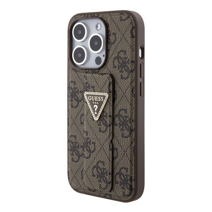 Custodia per Apple iPhone 15 Pro, Guess, Grip Stand 4G Triangle Strass, Marrone
