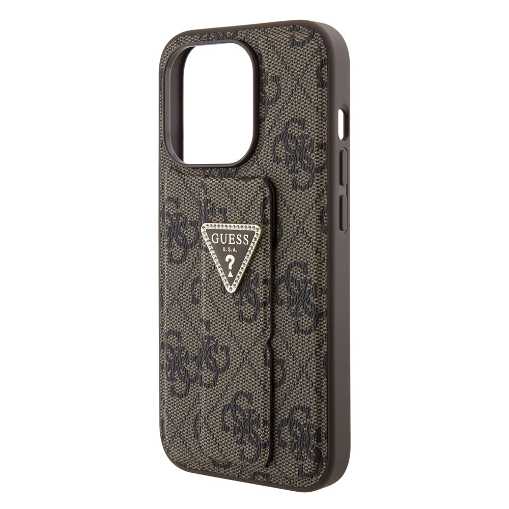 Custodia per Apple iPhone 15 Pro, Guess, Grip Stand 4G Triangle Strass, Marrone