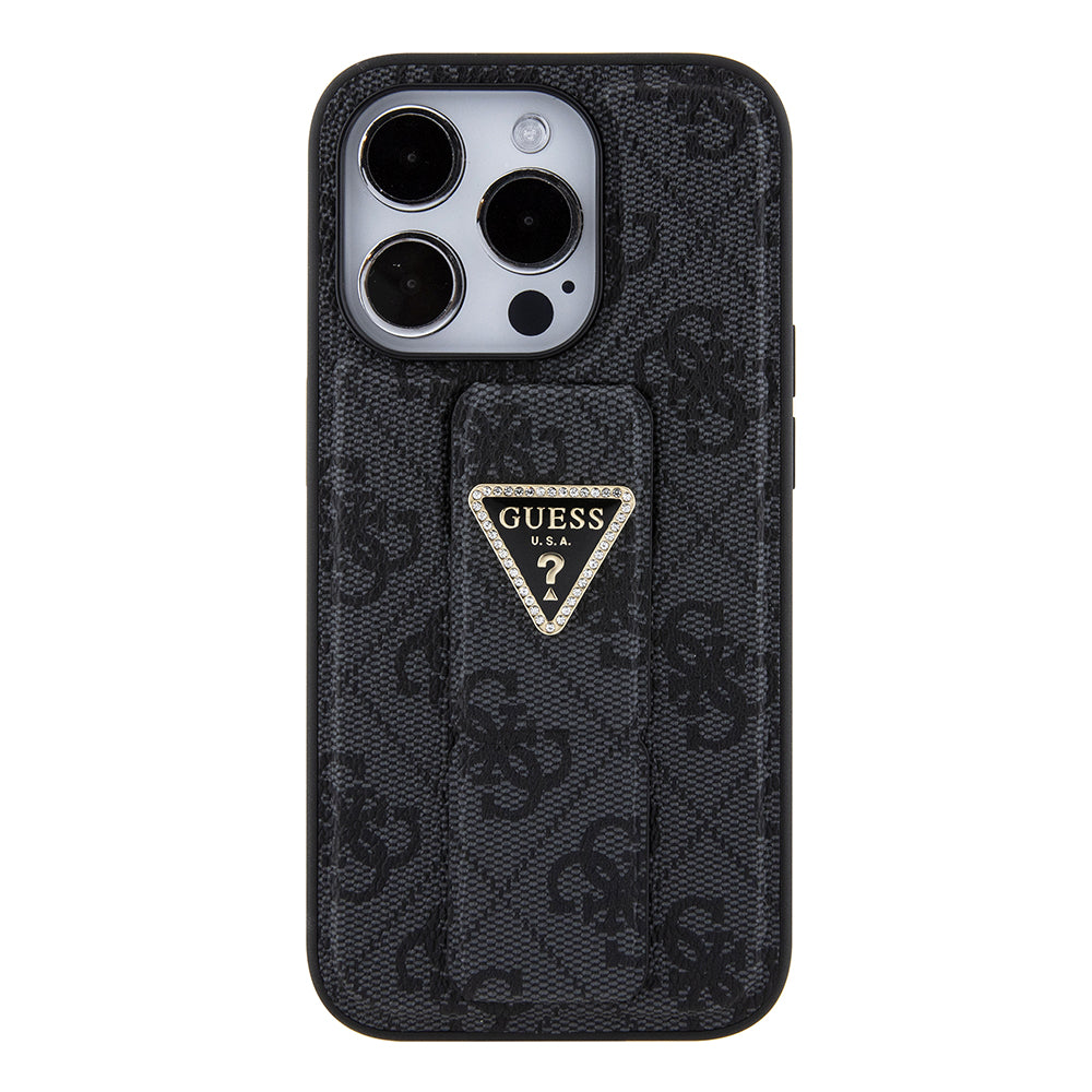Hülle für Apple iPhone 15 Pro, Guess, Grip Stand 4G Triangle Strass, Schwarz