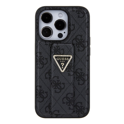 Hülle für Apple iPhone 15 Pro, Guess, Grip Stand 4G Triangle Strass, Schwarz