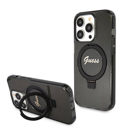 MagSafe Hülle für Apple iPhone 15 Pro, Guess, IML Ring Stand Glitter, Schwarz