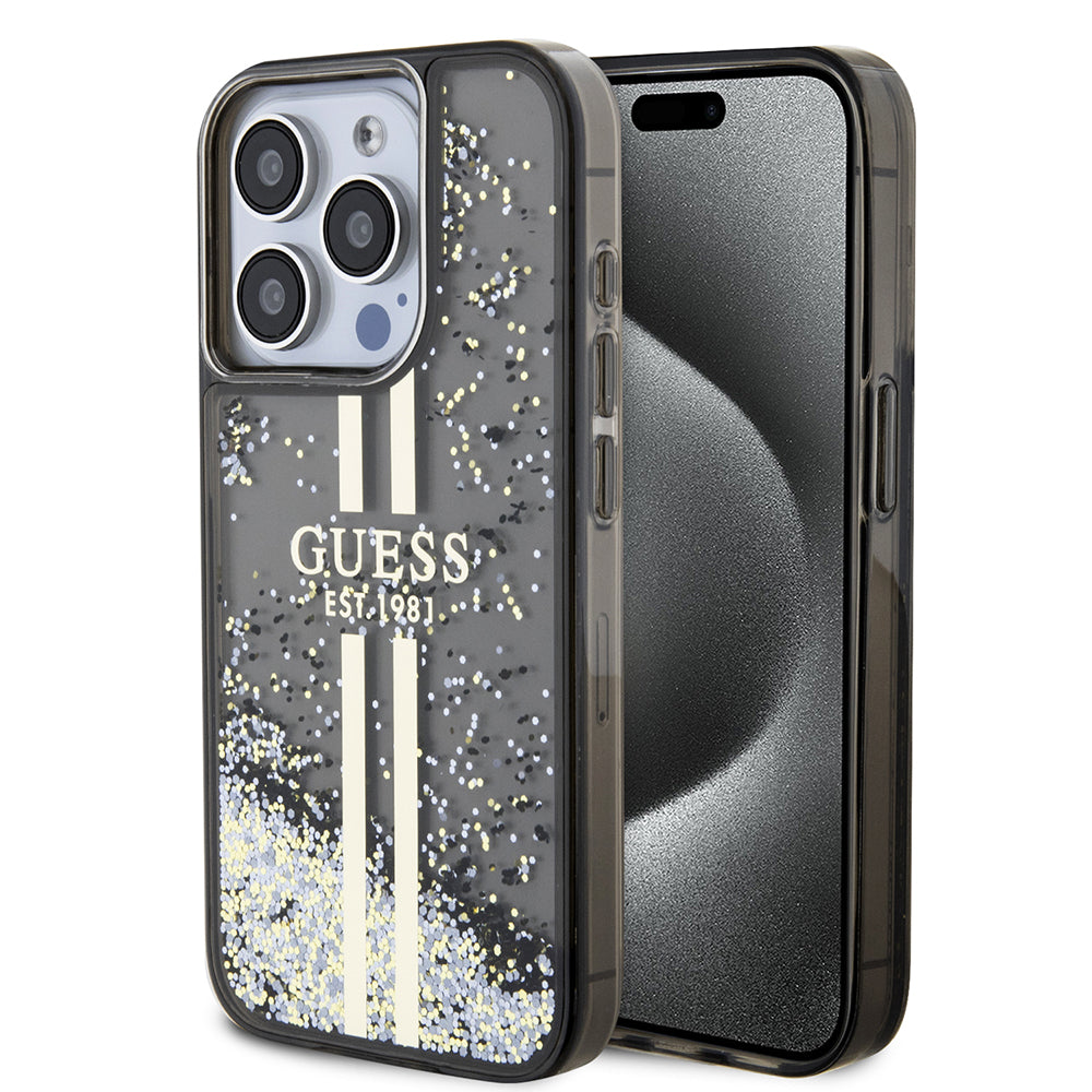 Hülle für Apple iPhone 15 Pro, Guess, Liquid Glitter Gold Stripe, Schwarz