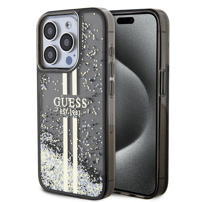 Hülle für Apple iPhone 15 Pro, Guess, Liquid Glitter Gold Stripe, Schwarz