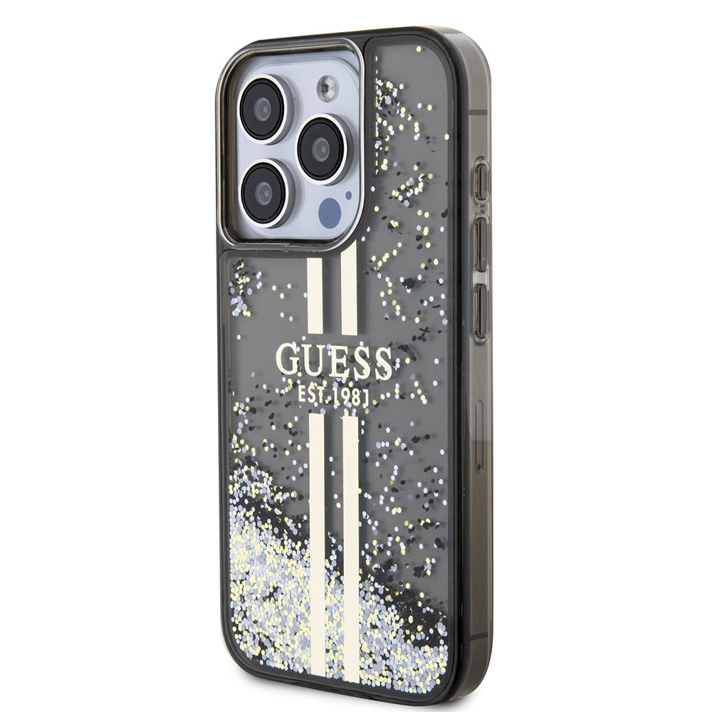 Hülle für Apple iPhone 15 Pro, Guess, Liquid Glitter Gold Stripe, Schwarz