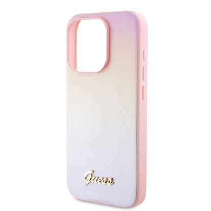 Custodia per Apple iPhone 15 Pro, Guess, Saffiano Iridescent Script, Rosa