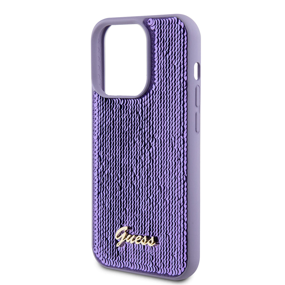 Hülle für Apple iPhone 15 Pro, Guess, Sequin Script Metal, Lila