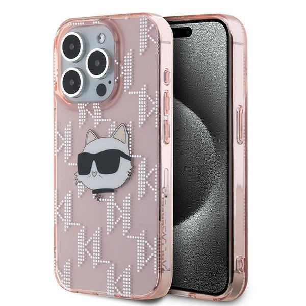 Étui pour Apple iPhone 15 Pro, Karl Lagerfeld, IML Luxury Monogram Choupette's Head, Rose
