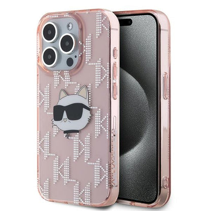Étui pour Apple iPhone 15 Pro, Karl Lagerfeld, IML Luxury Monogram Choupette's Head, Rose