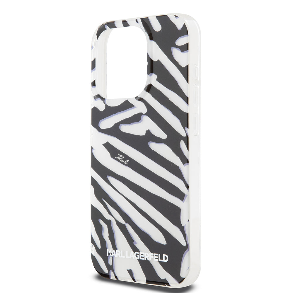 Hülle für Apple iPhone 15 Pro, Karl Lagerfeld, IML Luxury Zebra Muster mit Trageriemen, Schwarz