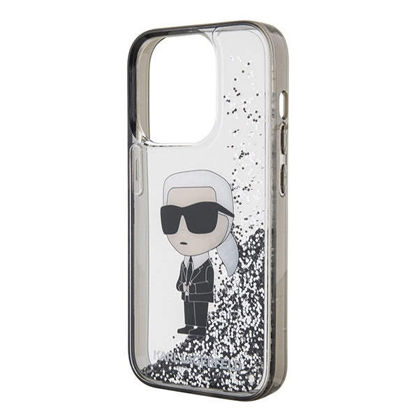 Housse pour Apple iPhone 15 Pro, Karl Lagerfeld, Liquid Glitter Ikonik Karl, Transparente