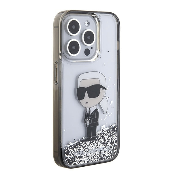 Housse pour Apple iPhone 15 Pro, Karl Lagerfeld, Liquid Glitter Ikonik Karl, Transparente
