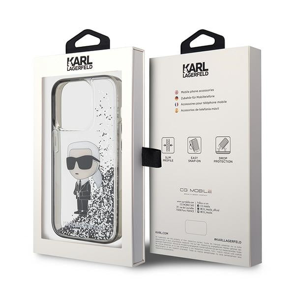 Housse pour Apple iPhone 15 Pro, Karl Lagerfeld, Liquid Glitter Ikonik Karl, Transparente