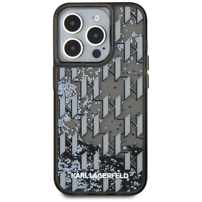 Custodia per Apple iPhone 15 Pro, Karl Lagerfeld, Liquid Glitter Monogram, Nera