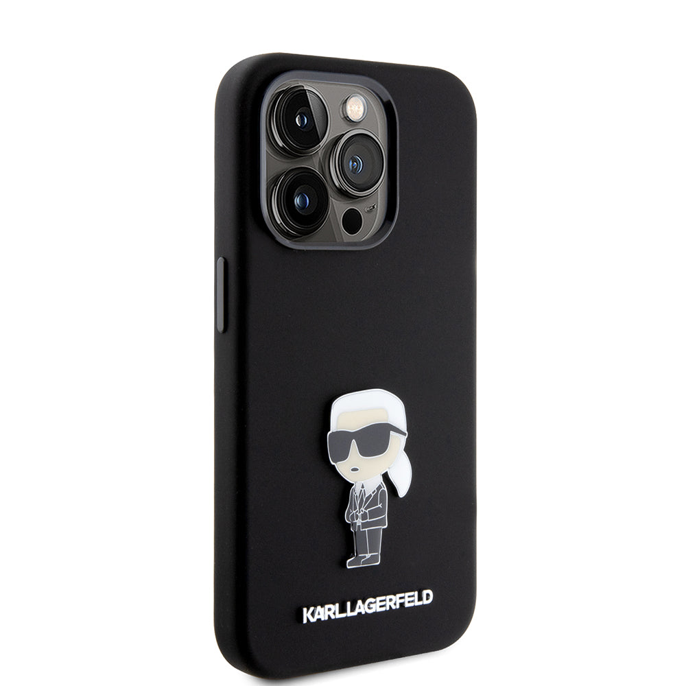 Custodia per Apple iPhone 15 Pro, Karl Lagerfeld, Silicone Metal Ikonik, Nera