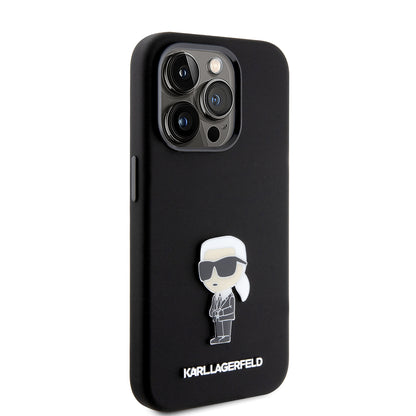 Custodia per Apple iPhone 15 Pro, Karl Lagerfeld, Silicone Metal Ikonik, Nera