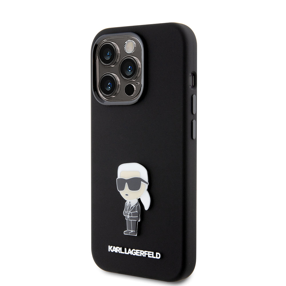 Custodia per Apple iPhone 15 Pro, Karl Lagerfeld, Silicone Metal Ikonik, Nera
