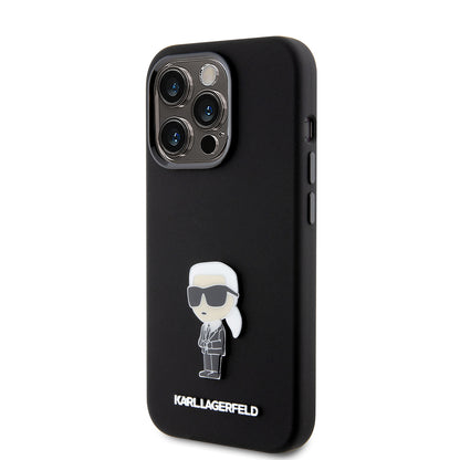 Custodia per Apple iPhone 15 Pro, Karl Lagerfeld, Silicone Metal Ikonik, Nera