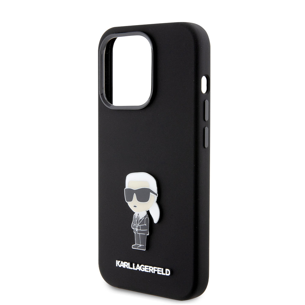 Custodia per Apple iPhone 15 Pro, Karl Lagerfeld, Silicone Metal Ikonik, Nera