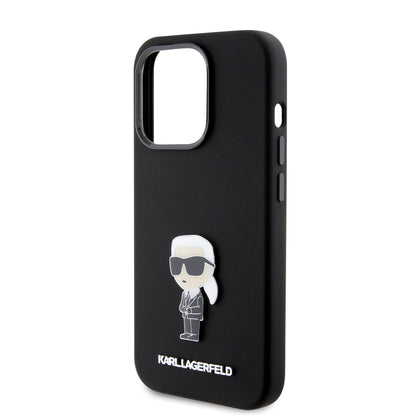 Custodia per Apple iPhone 15 Pro, Karl Lagerfeld, Silicone Metal Ikonik, Nera