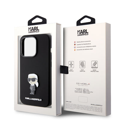 Custodia per Apple iPhone 15 Pro, Karl Lagerfeld, Silicone Metal Ikonik, Nera