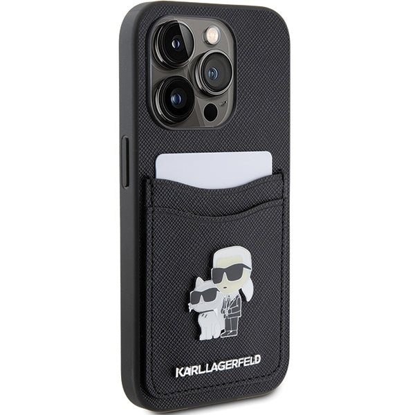 Étui pour Apple iPhone 15 Pro, Karl Lagerfeld, Saffiano Card Slot Metal Karl & Choupette, Noir