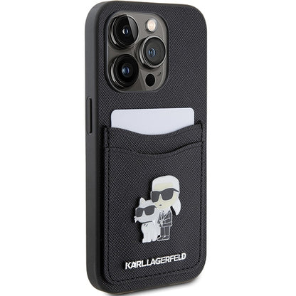 Étui pour Apple iPhone 15 Pro, Karl Lagerfeld, Saffiano Card Slot Metal Karl & Choupette, Noir