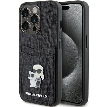Étui pour Apple iPhone 15 Pro, Karl Lagerfeld, Saffiano Card Slot Metal Karl & Choupette, Noir