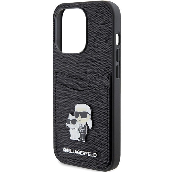 Étui pour Apple iPhone 15 Pro, Karl Lagerfeld, Saffiano Card Slot Metal Karl & Choupette, Noir