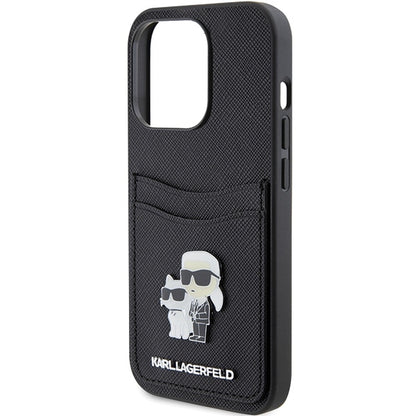 Étui pour Apple iPhone 15 Pro, Karl Lagerfeld, Saffiano Card Slot Metal Karl & Choupette, Noir