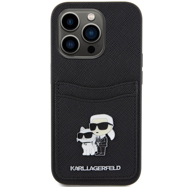 Étui pour Apple iPhone 15 Pro, Karl Lagerfeld, Saffiano Card Slot Metal Karl & Choupette, Noir