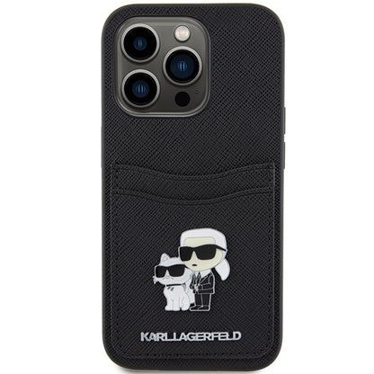Étui pour Apple iPhone 15 Pro, Karl Lagerfeld, Saffiano Card Slot Metal Karl & Choupette, Noir