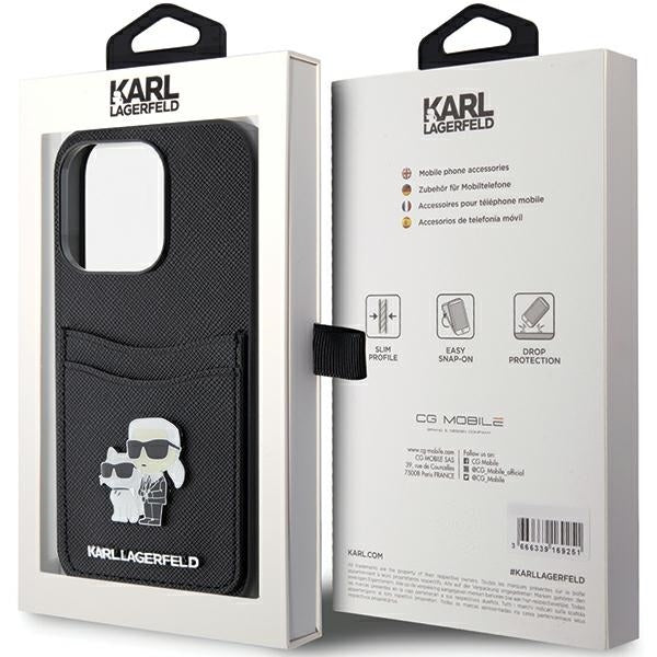 Étui pour Apple iPhone 15 Pro, Karl Lagerfeld, Saffiano Card Slot Metal Karl & Choupette, Noir