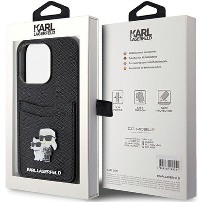 Étui pour Apple iPhone 15 Pro, Karl Lagerfeld, Saffiano Card Slot Metal Karl & Choupette, Noir