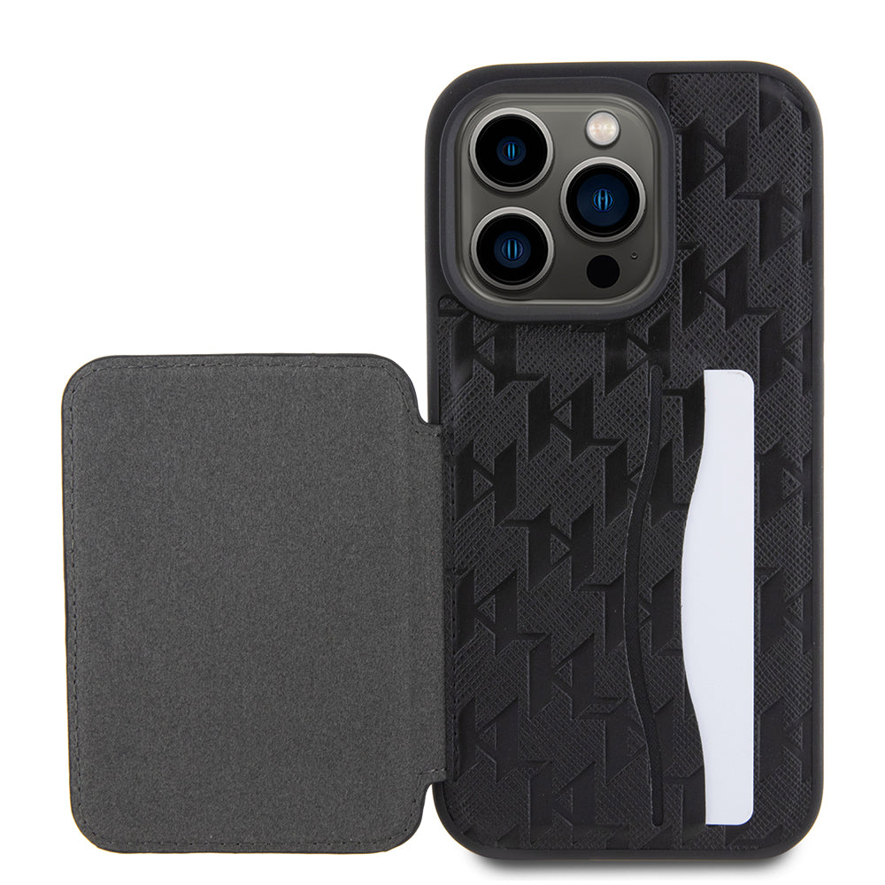 Étui pour Apple iPhone 15 Pro, Karl Lagerfeld, Saffiano Cardslots and Stand Monogram Ikonik Karl, Noir