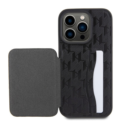 Étui pour Apple iPhone 15 Pro, Karl Lagerfeld, Saffiano Cardslots and Stand Monogram Ikonik Karl, Noir