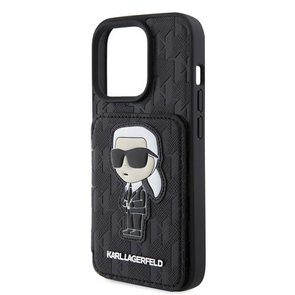 Étui pour Apple iPhone 15 Pro, Karl Lagerfeld, Saffiano Cardslots and Stand Monogram Ikonik Karl, Noir