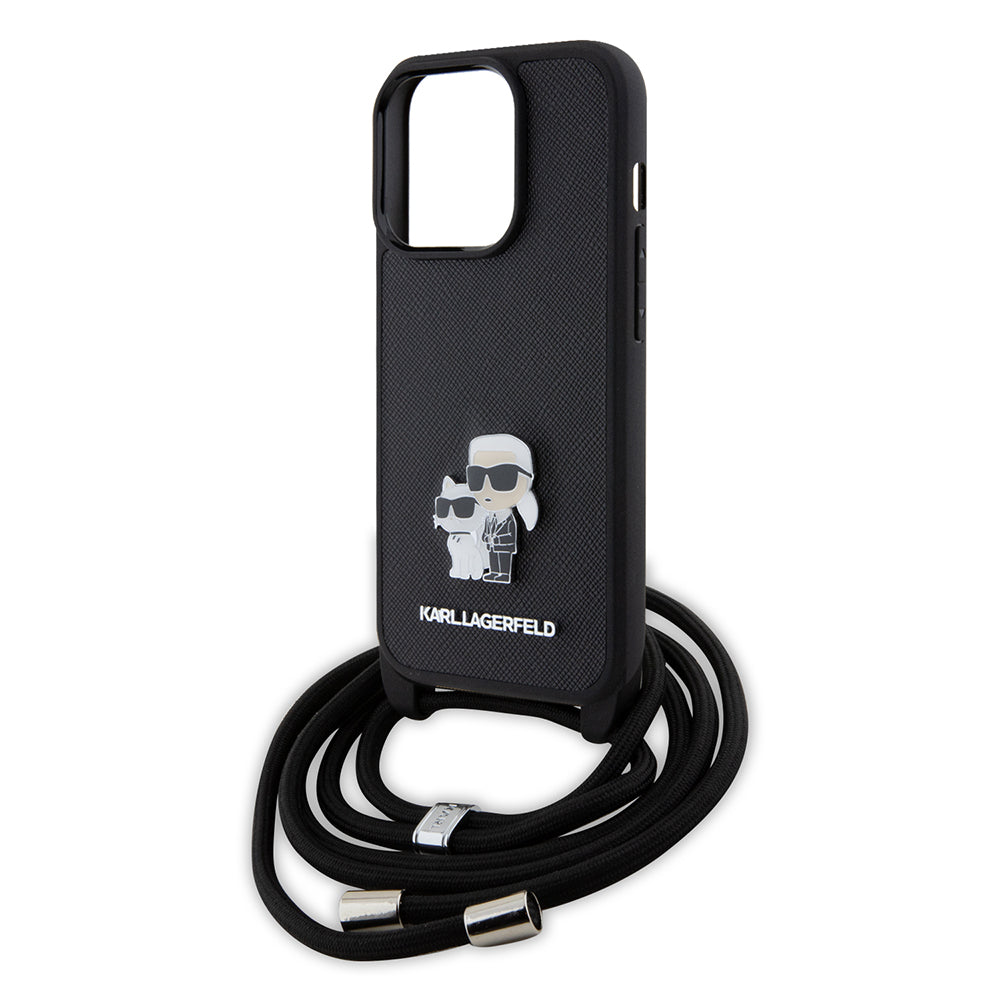 Custodia per Apple iPhone 15 Pro, Karl Lagerfeld, Saffiano Crossbody Metal Pin Karl & Choupette, Nera