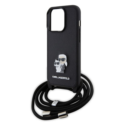 Custodia per Apple iPhone 15 Pro, Karl Lagerfeld, Saffiano Crossbody Metal Pin Karl & Choupette, Nera