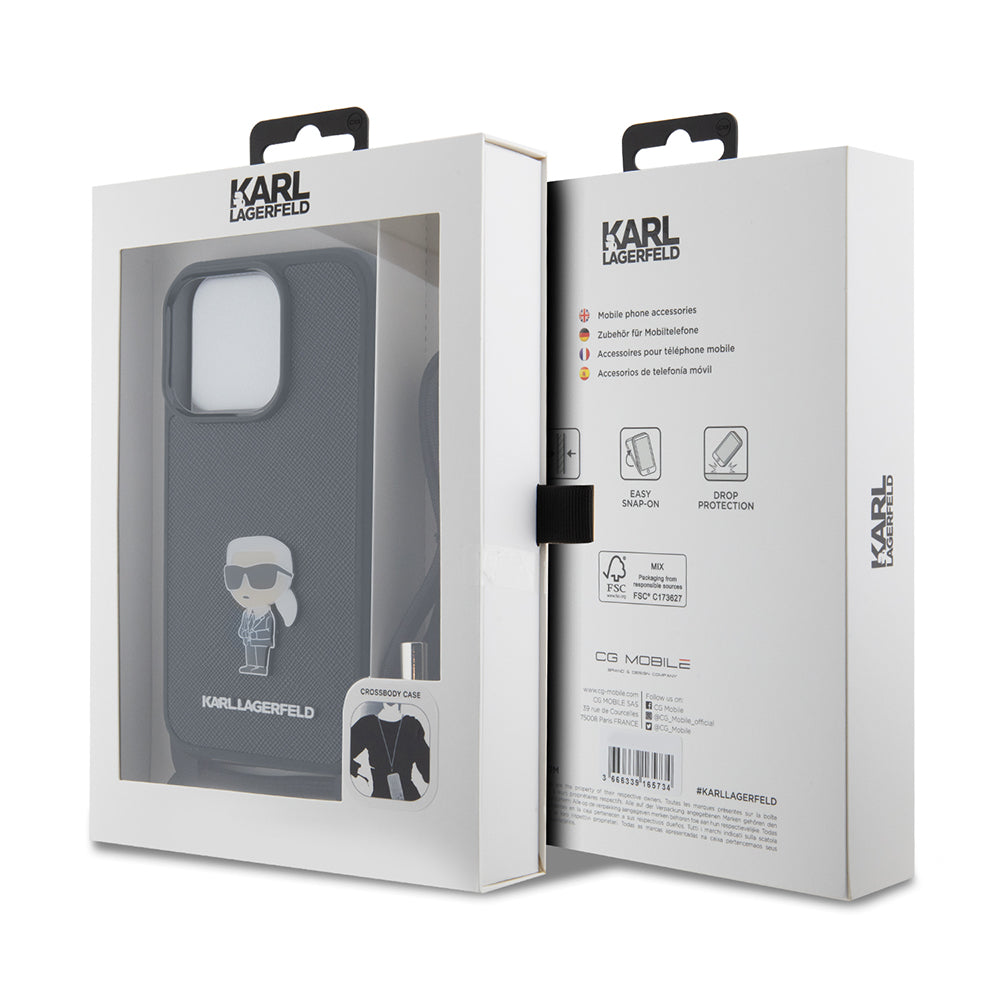 Custodia per Apple iPhone 15 Pro, Karl Lagerfeld, Saffiano Crossbody Monogram Metal Pin Karl, Nera