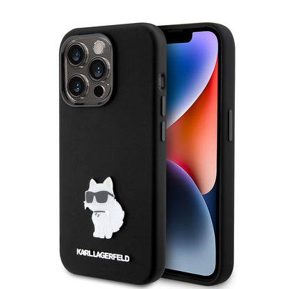 Étui pour Apple iPhone 15 Pro, Karl Lagerfeld, Silicone Choupette Metal, Noir