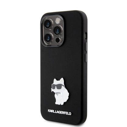 Étui pour Apple iPhone 15 Pro, Karl Lagerfeld, Silicone Choupette Metal, Noir