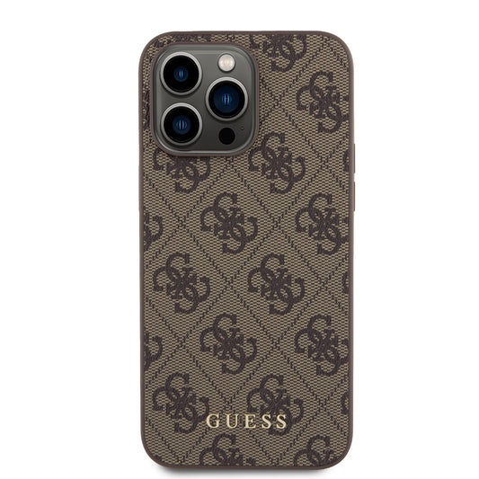 Housse pour Apple iPhone 15 Pro Max, Guess, Logo Métal Or 4G, Marron